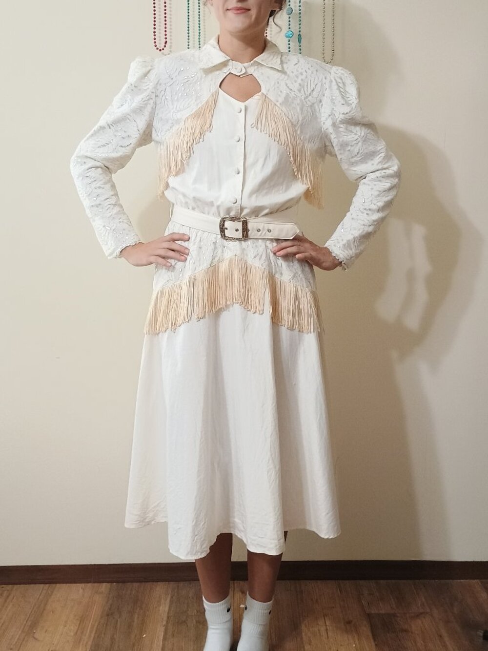 Vintage 80s Lilia Smitty Rodeo Glam Fringed Midi Dress 11/12 White/Cream/Silver